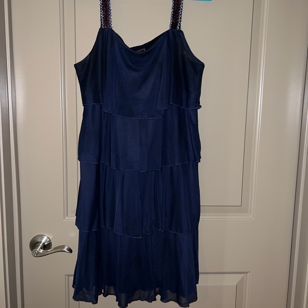Plus Size Dark Navy Blue Evening Dress Tiered Ruffle Sequin Strap Shoulders